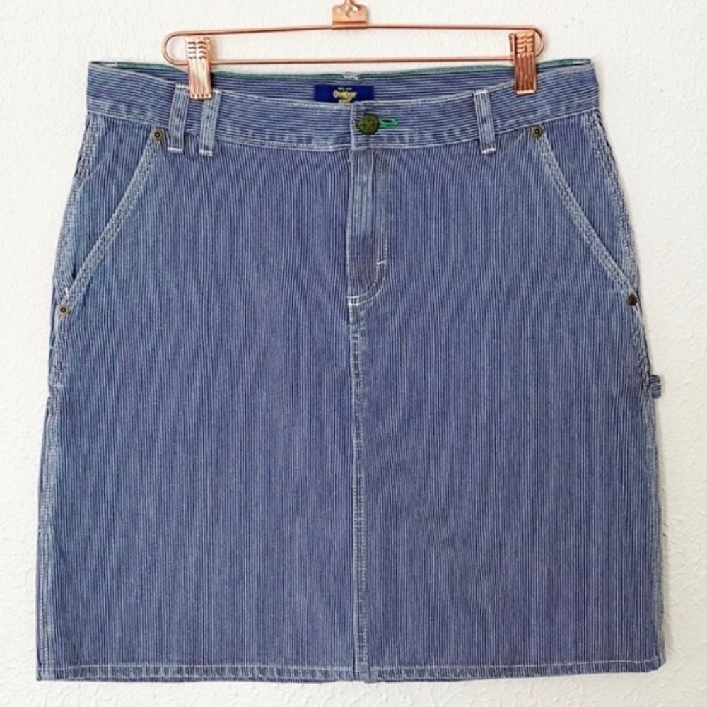 VTG Osh Kosh Engineer Railroad Stripe Denim Skirt Blue White Stripe Green Stitch